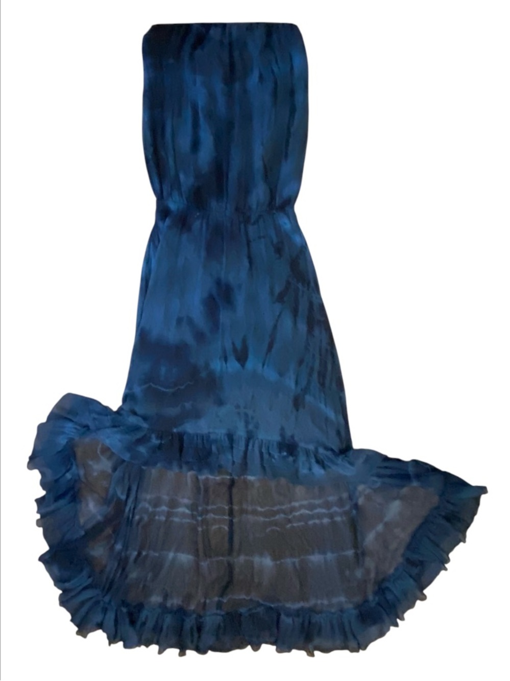 GUESS Strapless Hi-Lo Ruffle-Hem Deep Blue Tie Dye 100% Silk.Maxi Dress Size S